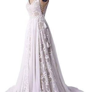 Bohemian wedding dress with spaghetti strap and adjustable drawstring side